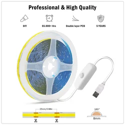 5V USB Swicth LED COB Light Strip Flexible Diode Tape DC5V Linear Indoor Lighting Lamp Room DIY TV Backlight Wall Decor 9 Colors
