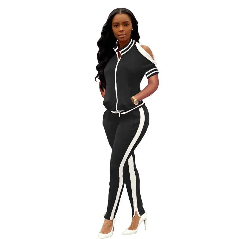 F099 Setelan Olahraga Kasual Musim Panas Wanita Baru dengan Ritsleting dan Belahan, Ensemble Modis untuk Wanita Aktif, Detail Ritsleting, Pakaian Kasual