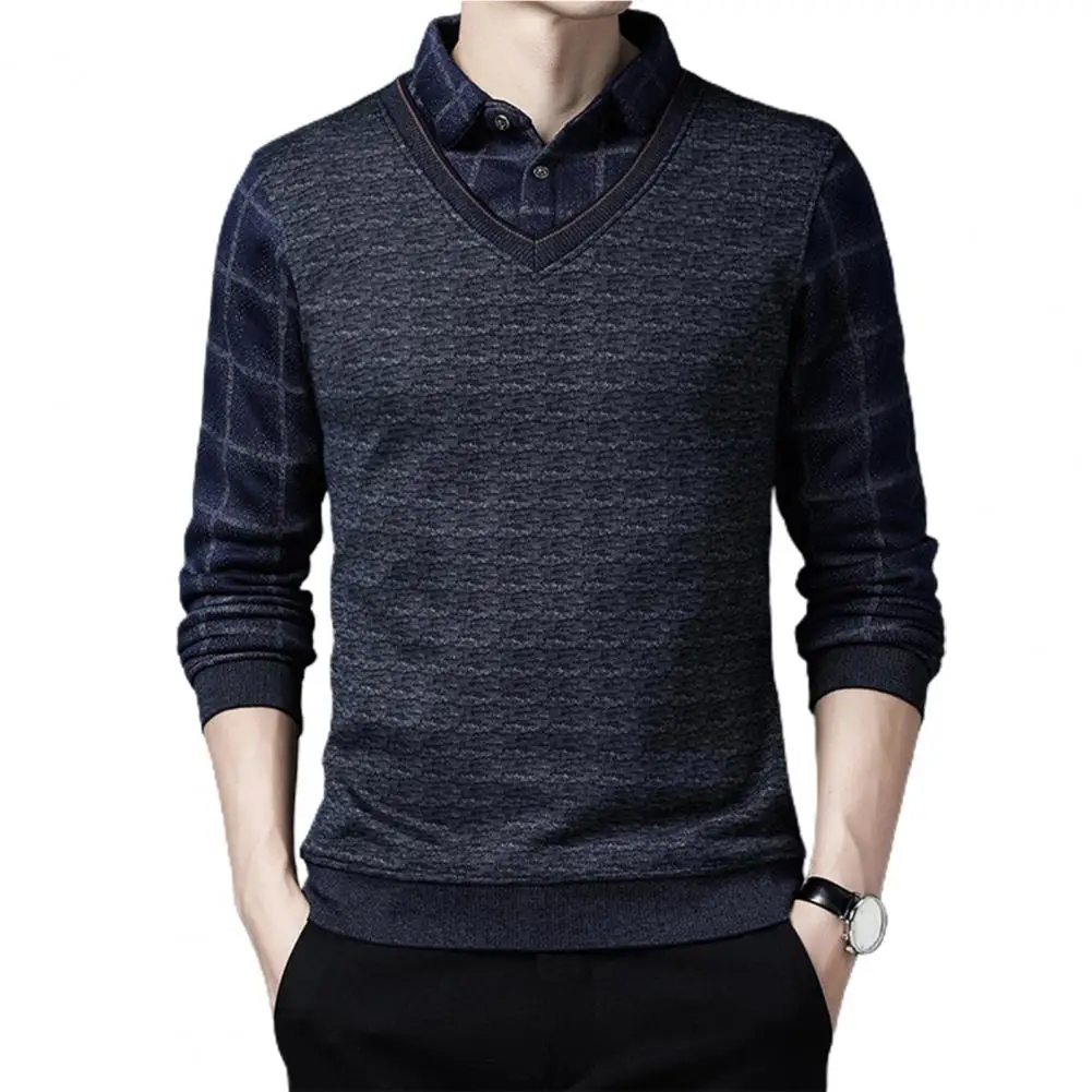 Men Sweater Fake Two-piece Turn-down Collar Male Sweater Long Sleeve Slim Winter Spring Sweater