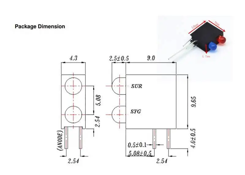 10 Stück 3-mm-LED-Lichtsockel mit Schalter, Kontrollanzeige, fest montiert, F3, Doppelloch, links positiv und rechts negativ, rot, gelb, blau, grün – Detail 1