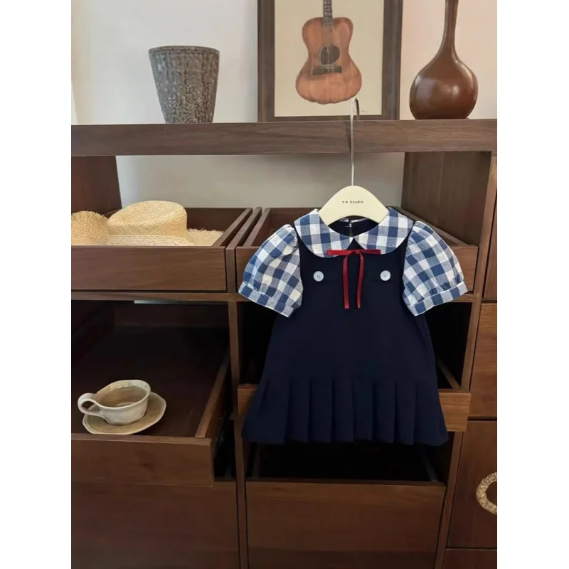

WDX-Girls' Fake Two-Piece Summer Short Sleeve Girls' Academy Style Dress Baby Girl Plaid Dress50091