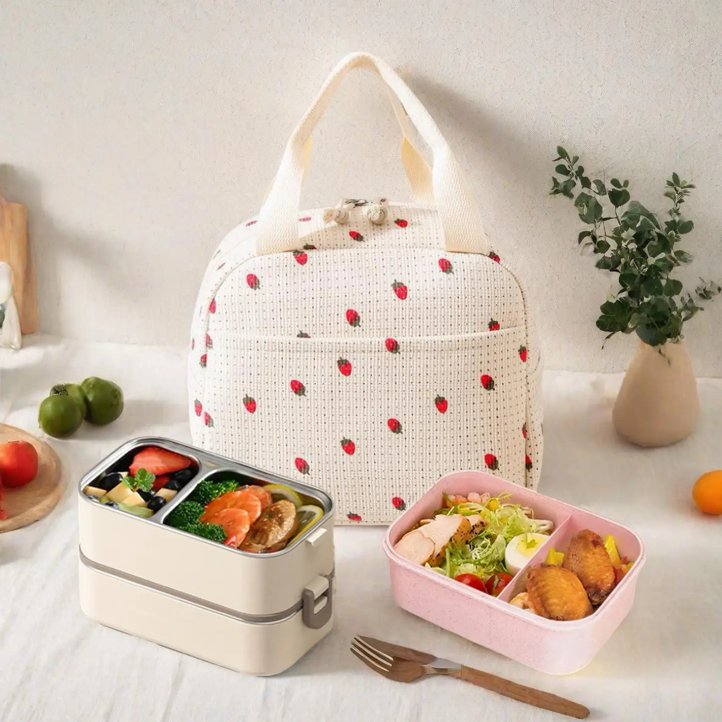 Bolsa térmica con diseño de fresas, se puede combinar con loncheras de acero inoxidable de doble capa y loncheras tipo bento, con estampados de fresas, lunares, cuadros y florales, bolsa térmica portátil de gran capacidad, adecuada para mujeres, ideal par
