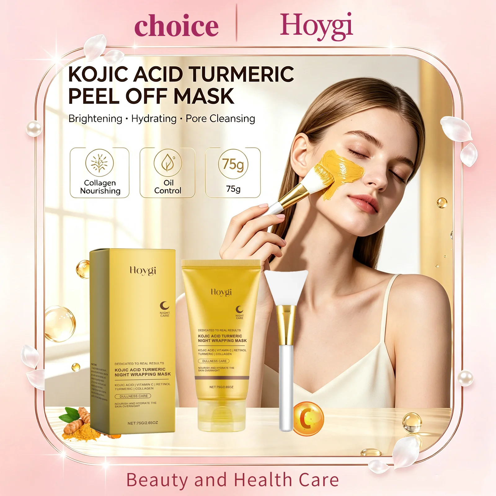 HOYGI Kojic Acid Turmeric Peel Off Mask Collagen Overnight Wrapping Mask Brighten Shrink Pores Hydrating Facial Skin Care Mask