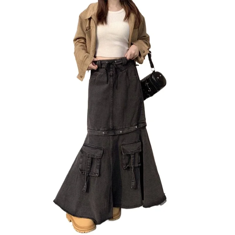 สาวร้อนกระโปรงเอวสูงการออกแบบความรู้สึกอุตสาหกรรมหนัก DENIM ชุดทํางานฤดูใบไม้ผลิและฤดูใบไม้ร่วง Street ชุดสตรี
