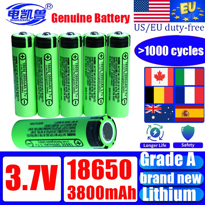 2-100pcs 3.7v 18650 Flat Headed Pointed Tip Lithium Battery 3800mAh 2026 New 1000 Cycles 3C Grade A 18650 Rechargeable Battery