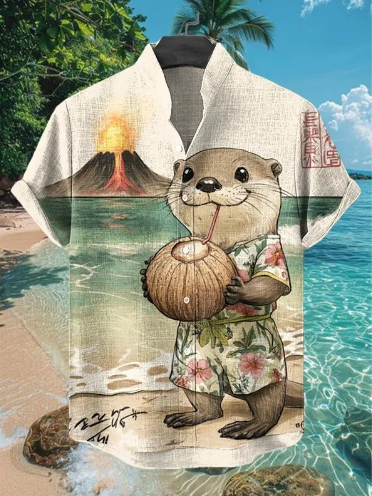 Men's Cute Otter Drinking Coconut Juice Print Short Sleeve Shirt Funny Printed Button Hawaii Beach Wearing Holiday 2025 New Top
