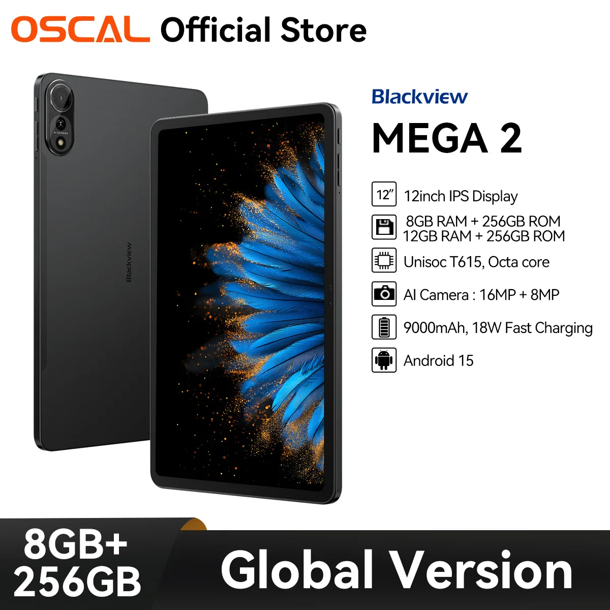 OSCAL Blackview MEGA 2 Tablet,12'' 2K Display 9000mAh, 8GB or 12GB RAM 256GB ROM, 16MP Rear AI Camera, Unisoc T615 Android 15 PC