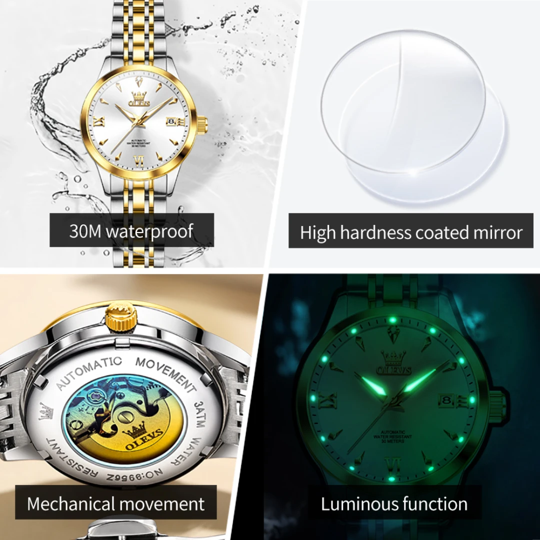 OLEVS 9956 Модные механические часы в подарок с круглым циферблатом из нержавеющей стали, ремешок для часов, наручные часы с календарем, светящийся