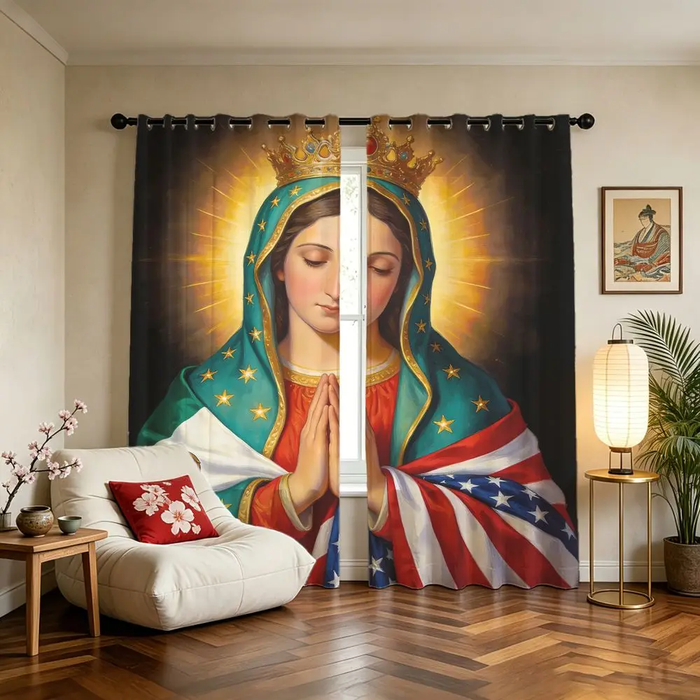2 Panels Virgin Mary Printed Curtains Mexican US Flag Pattern Blackout Window Drapes For Bedroom Living Room Home Decor