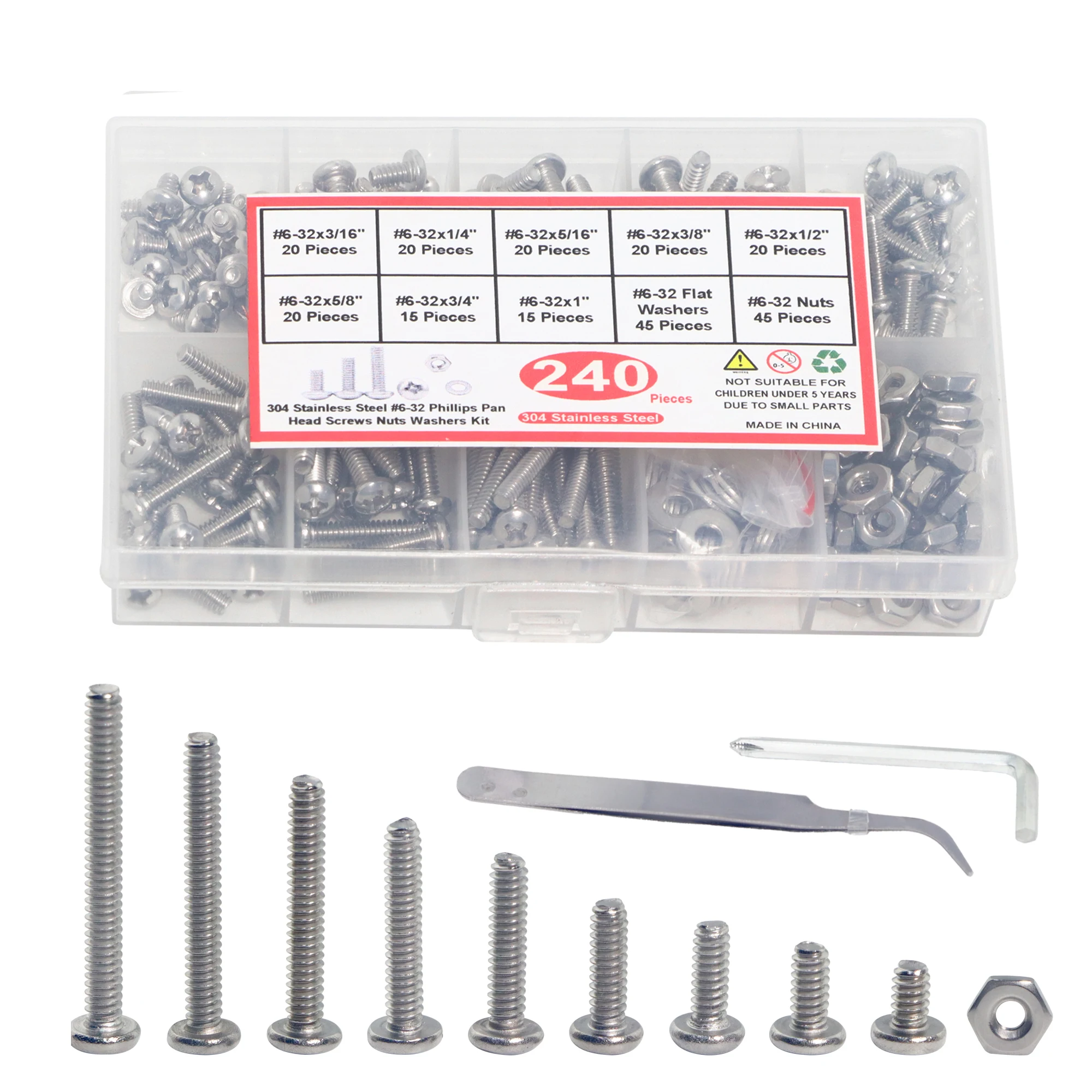 Machine Screwm 240pcs 6-32,4-40,304 Stainless Steel, Fully Threaded