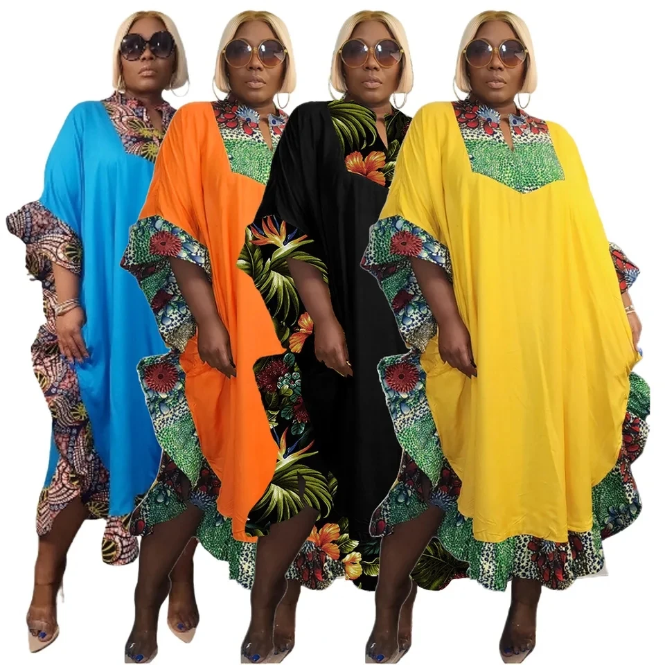 African Dresses for Women Summer Elegant African Women Half Sleeve V-neck Polyester Printing Dress Dashiki African Clothes L-4XL