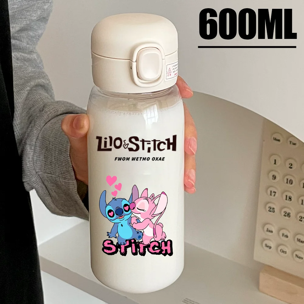 600ML Lilo Stitch Water Cup Stitch Angel Large Capacity Portable Transparent PcLeak Resistant Plastic Drinking Water Bottle