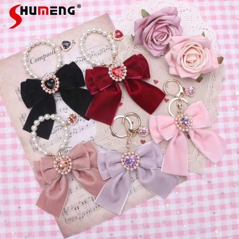 Lolita Sweet Bag Accessories Woman Cute Original Velvet Love Pearl Rhinestone Big Bow Keychain Bags Accessory Pendant Handmade