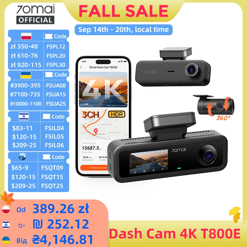 70mai T800E 3-Channel Dash Cam, 4K HDR f/1.55 Built-in GPS Voice Control, Supercapacitor 24H Parking Mode 3-in-1 Car Camera