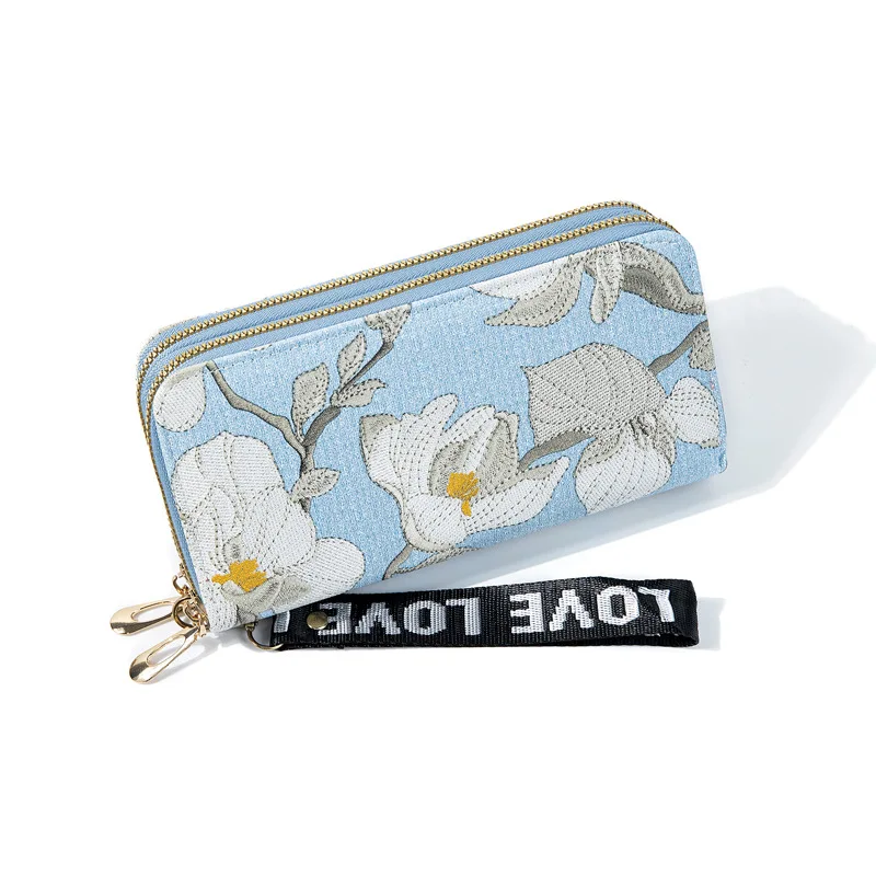 Women's Long Wallet Double Zipper Large Capacity Purse Soft Floral Female Card Wallets Phone Bag for School Student