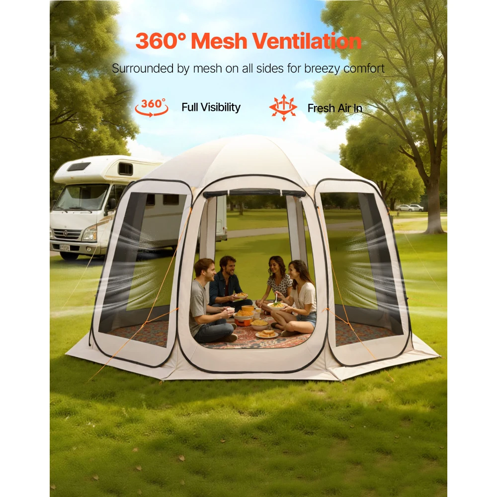 Beige Portable Mesh Tent Quick and Easy To Set Up 12 X 11 Feet (3.7 X 3.4 Meters) Accommodates 10-12People Includes A Storage Bag Side Mesh for Good Ventilation and Comes with Ground Pegs. Suitable for Gardens Patios Backyards and Outdoor Activities