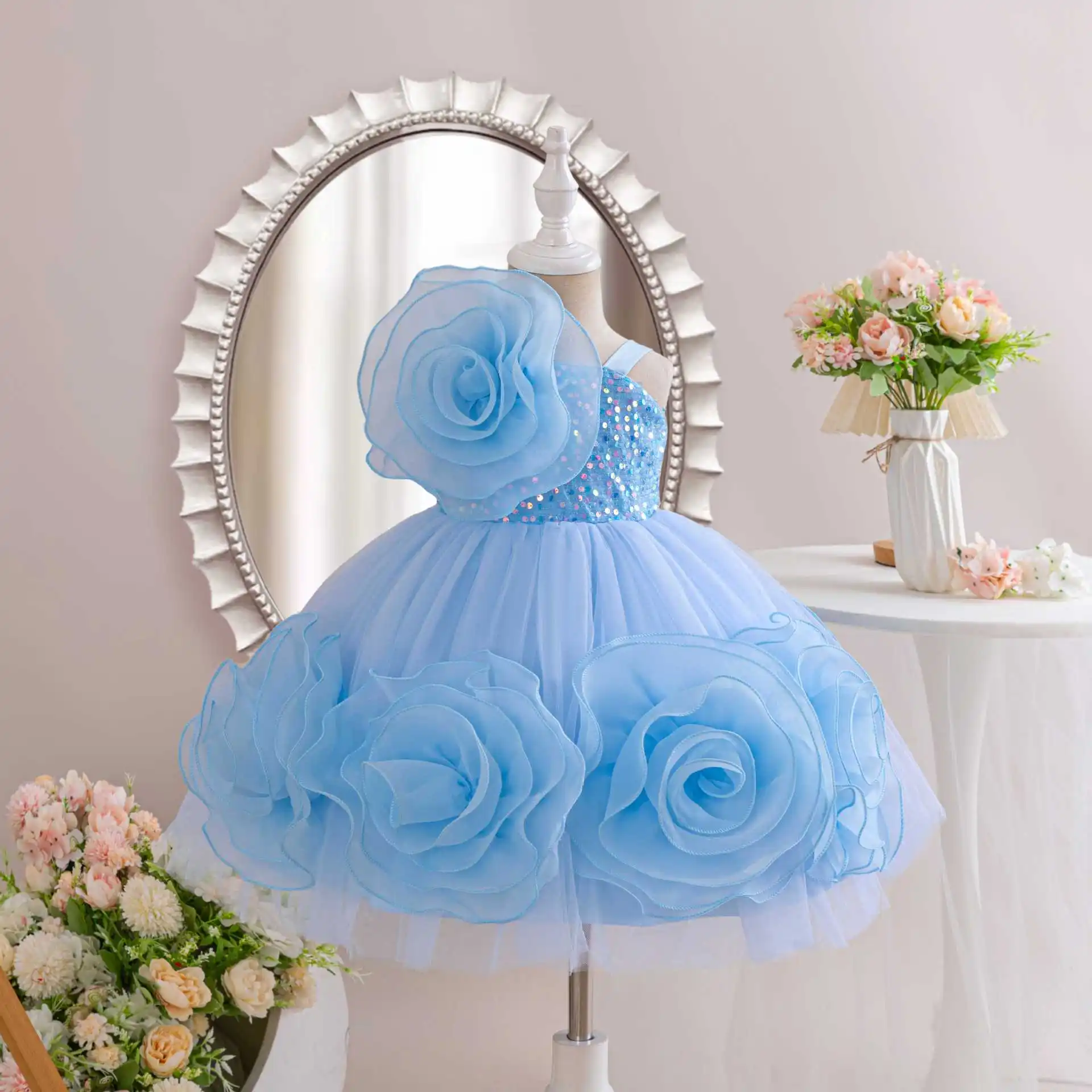 HETISO Girls Party Dresses Flower Elegant Child Wedding Gown Sequined Big Bow Kids Birthday Ceremonial Frocks 1-7 Years