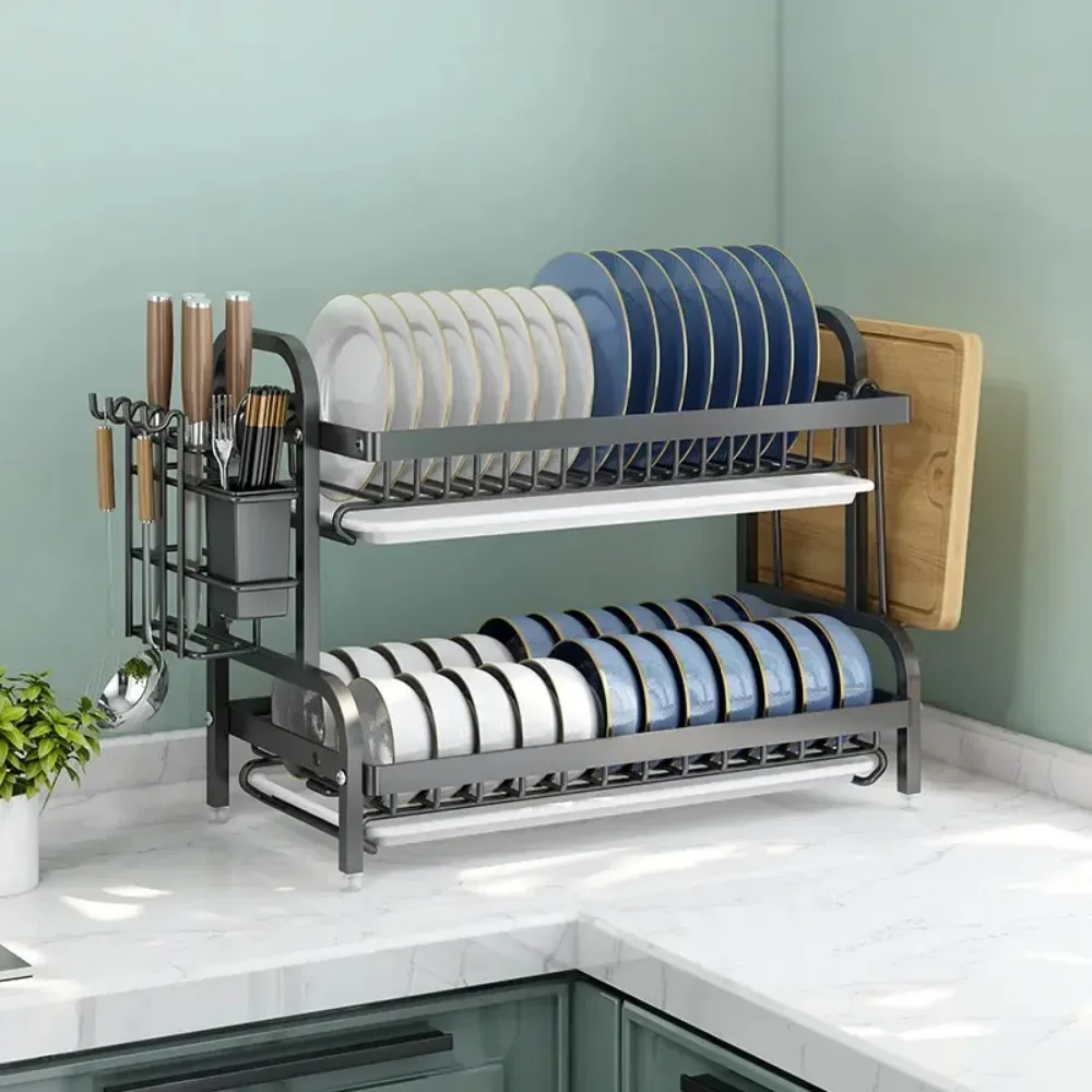 Dish Drying Rack 2-Tier Compact Kitchen Dish Rack Drainboard Set Large Rust-Proof Dish Drainer with Utensil Holder Kitchen Racks