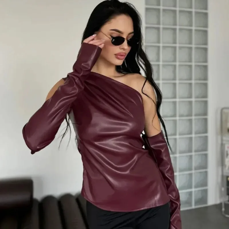 Sexy One Shoulder PU Leather Vests With Gloves Women Solid Color Sleeveless Irregular Camisole Street Y2k T-Shirt Clubwear