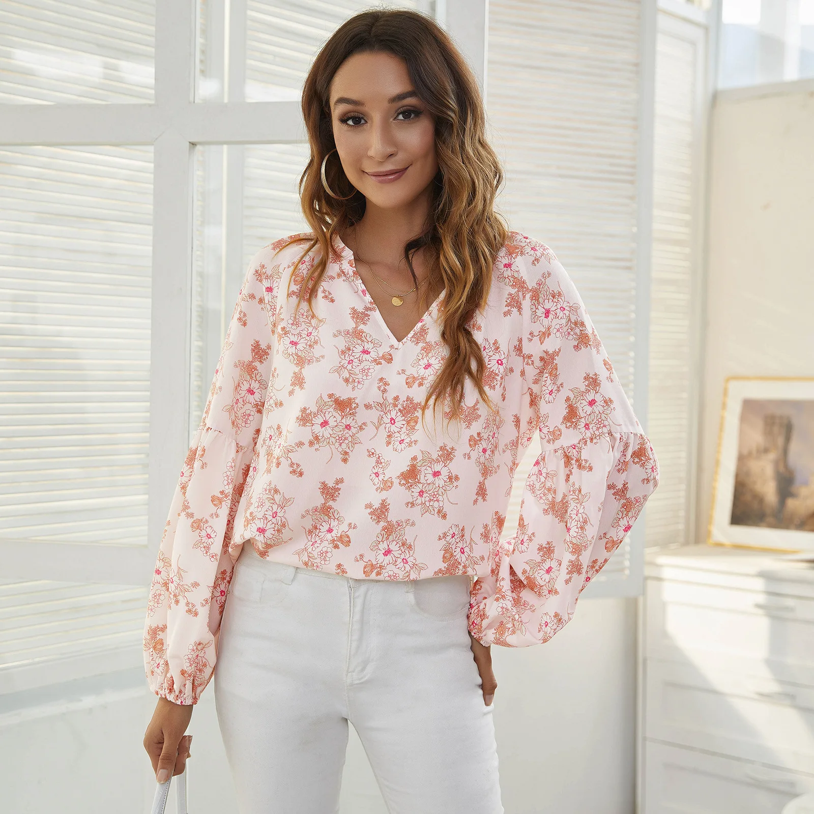

Women High Waist OL Blouses Fashion Puff Sleeve Shirts 2023 Casual V Neck Ruffle Blusas Female printing Chiffon blouses