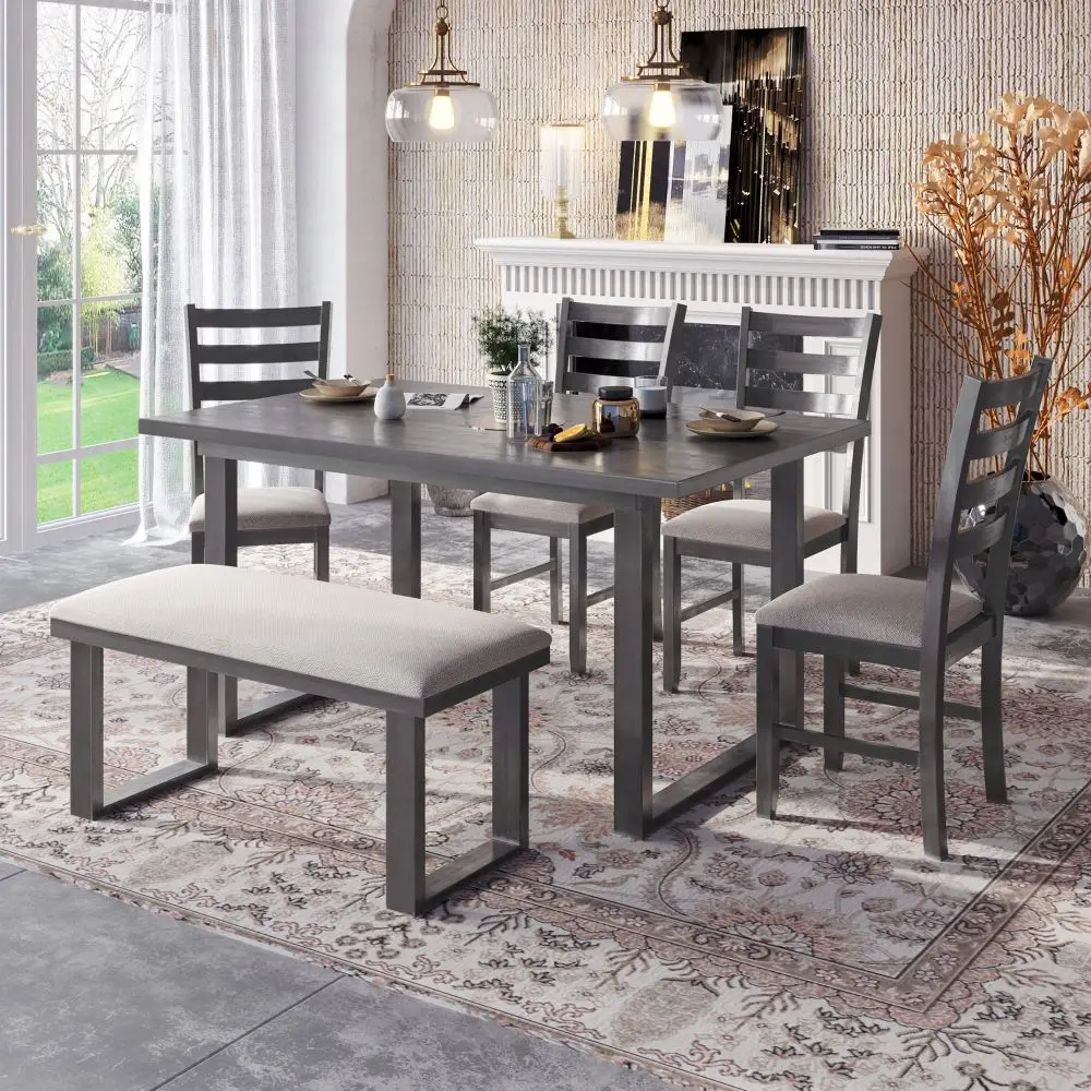 6-Pieces Family Furniture, Solid Wood Dining Room Set with Rectangular Table & 4 Chairs with Bench (Gray)