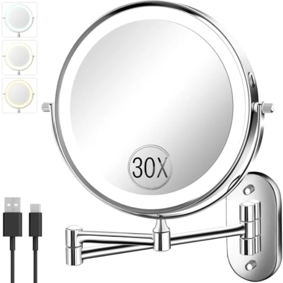 

30X/1X Wall Mounted Lighted Makeup Mirror, 8'' Double Sided Rechargeable Magnifying Bathroom Mirror with Light, 3 Color Lights