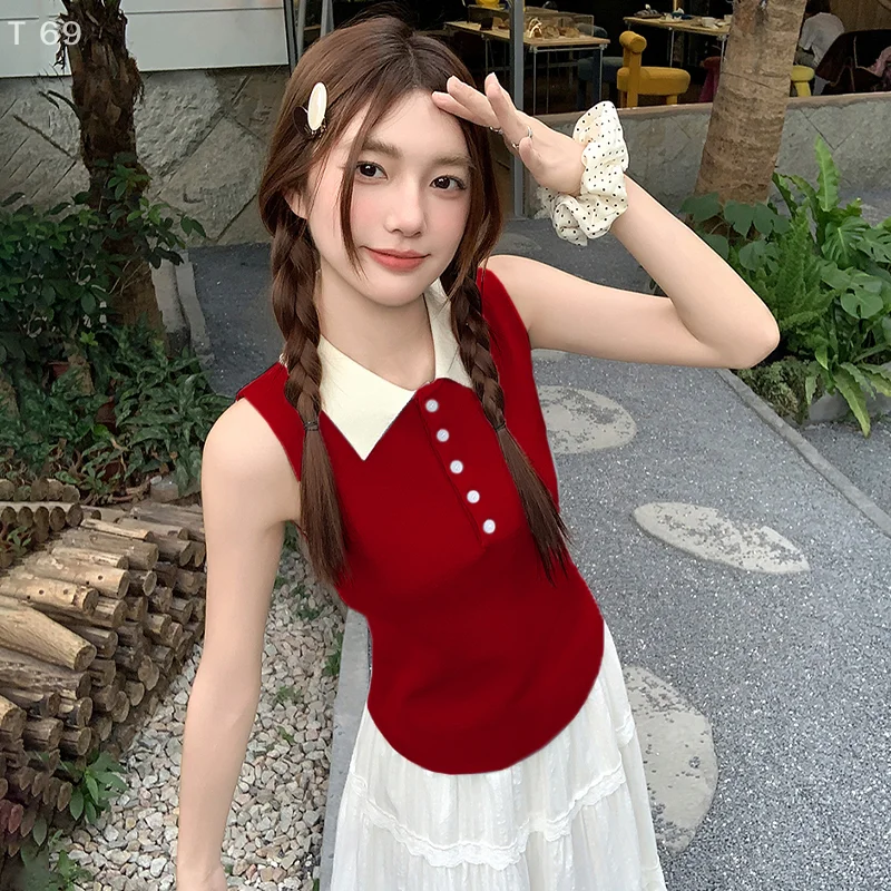 

Splicing Contrasting Collar Sleeveless Vest Women's Summer Outerwear Spicy Girl Temperament Unique And Beautiful Top