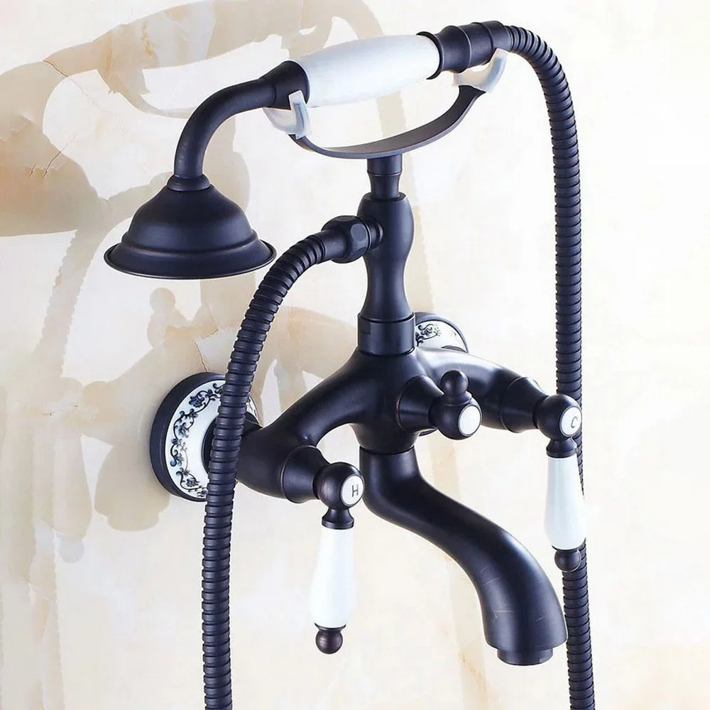 

Black Oil Rubbed Bronze Wall Mount Bathtub Bathroom Faucet Telephone Style Mixer Faucet Tap with Dual Handle Handshower