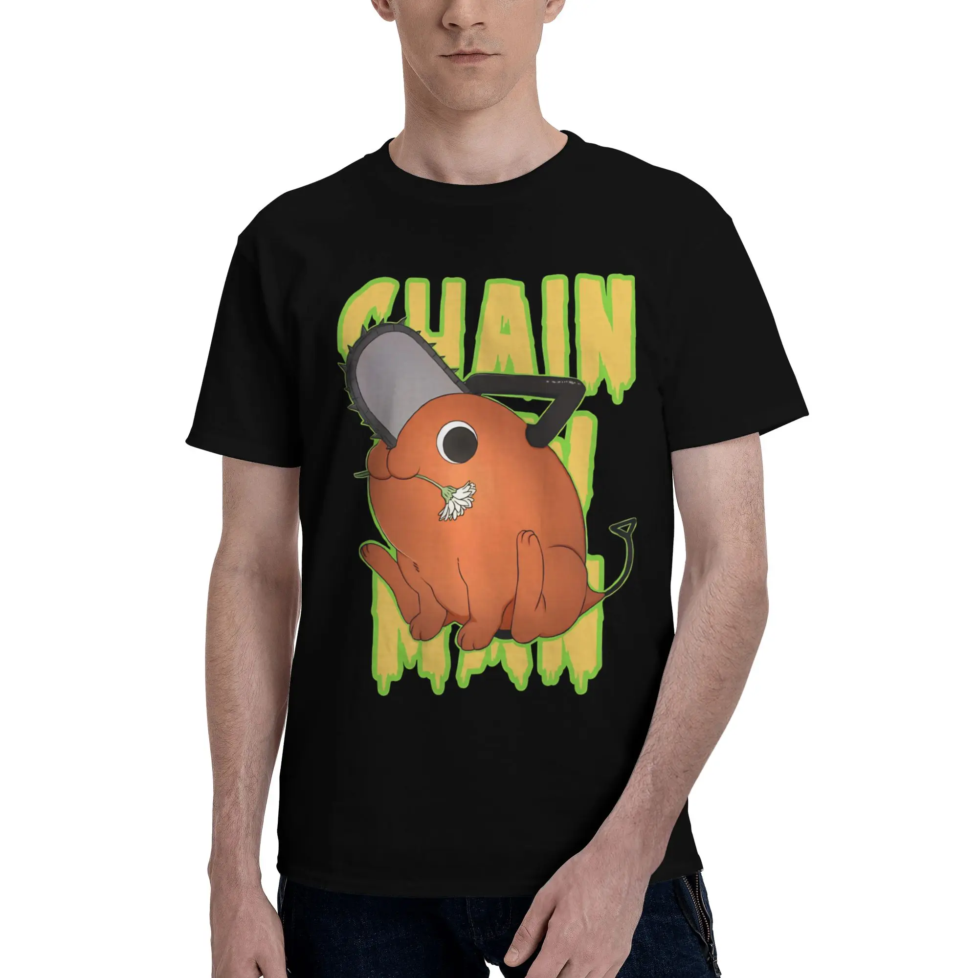 Doodle Yellow Pochita  Novelty 100% Cotton T-Shirt Bandai Chainsaw Man Tees Tops For Men