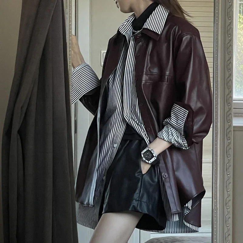 Autunno 2025 Giacca in pelle PU viola uva Giacca retrò da donna Camicia ampia Cappotto invernale da donna