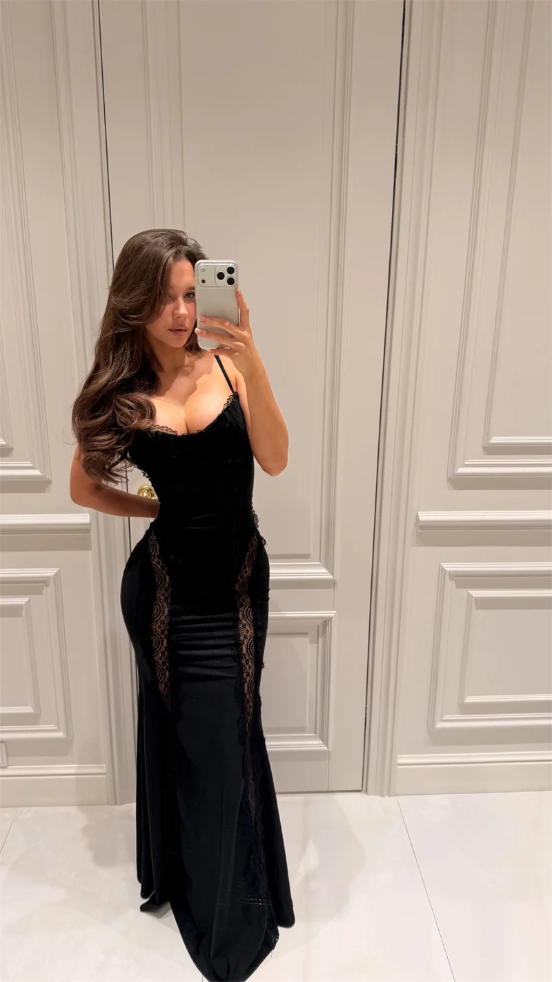 Mozision Spaghetti Strap Backless Sexy Maxi Kleid Frauen Kleid Spitze Patchwork Sheer Ärmel Bodycon Club Party Langes Kleid – Detail 19
