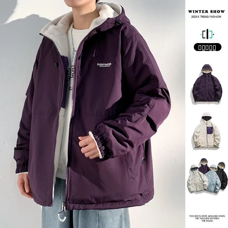 

Men's Winter Thiened Lamb Velvet Jaet American Retro Loose Hooded Cotton Design Double-Sided Wear Cotton Coat