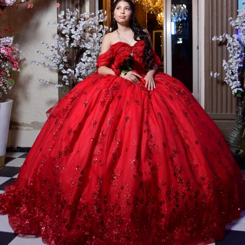 

Red Shiny Ball Gown Quinceanera Dresses Applique Lace Beading Crystal Bow Tull Corset Off Shoulder Sweet 16 Dress Vestidos 15 de