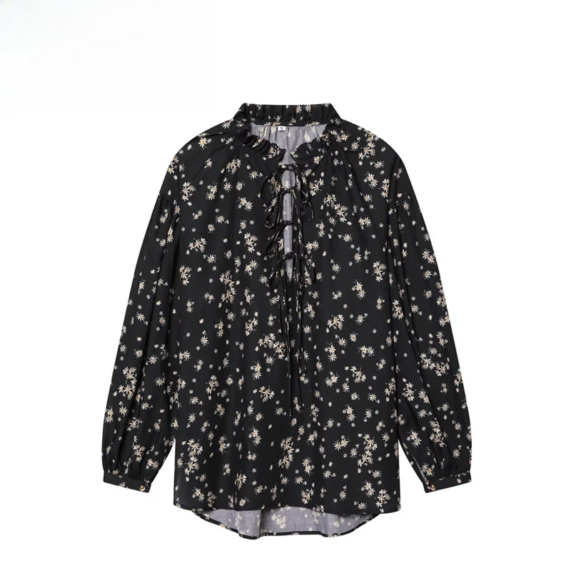 

Повседневная женская модная блузка с V-образным вырезом и цветочным принтом, с поясом, свободного кроя, с длинным рукавом, из дышащего полиэстера, весна 2026