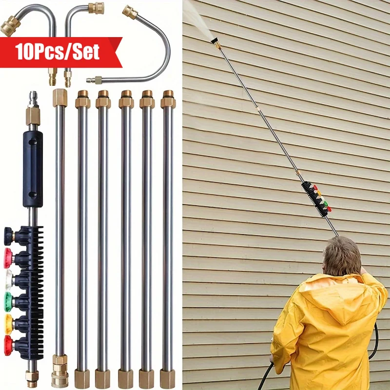 10 pcs/set high pressure washer extension wand with 6 nozzle tips-4000 psi power washer Lance for gutter cleaning, roof drainage