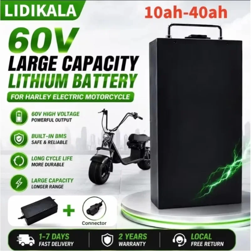 60V 10Ah-40Ah wiederaufladbarer Lithium-Akku, geeignet für 500W-3000W Harley Zweirad-faltbaren Citycoco Elektroroller Elektrofahrzeugmotor, kostenlose wiederaufladbare Stromversorgung.
