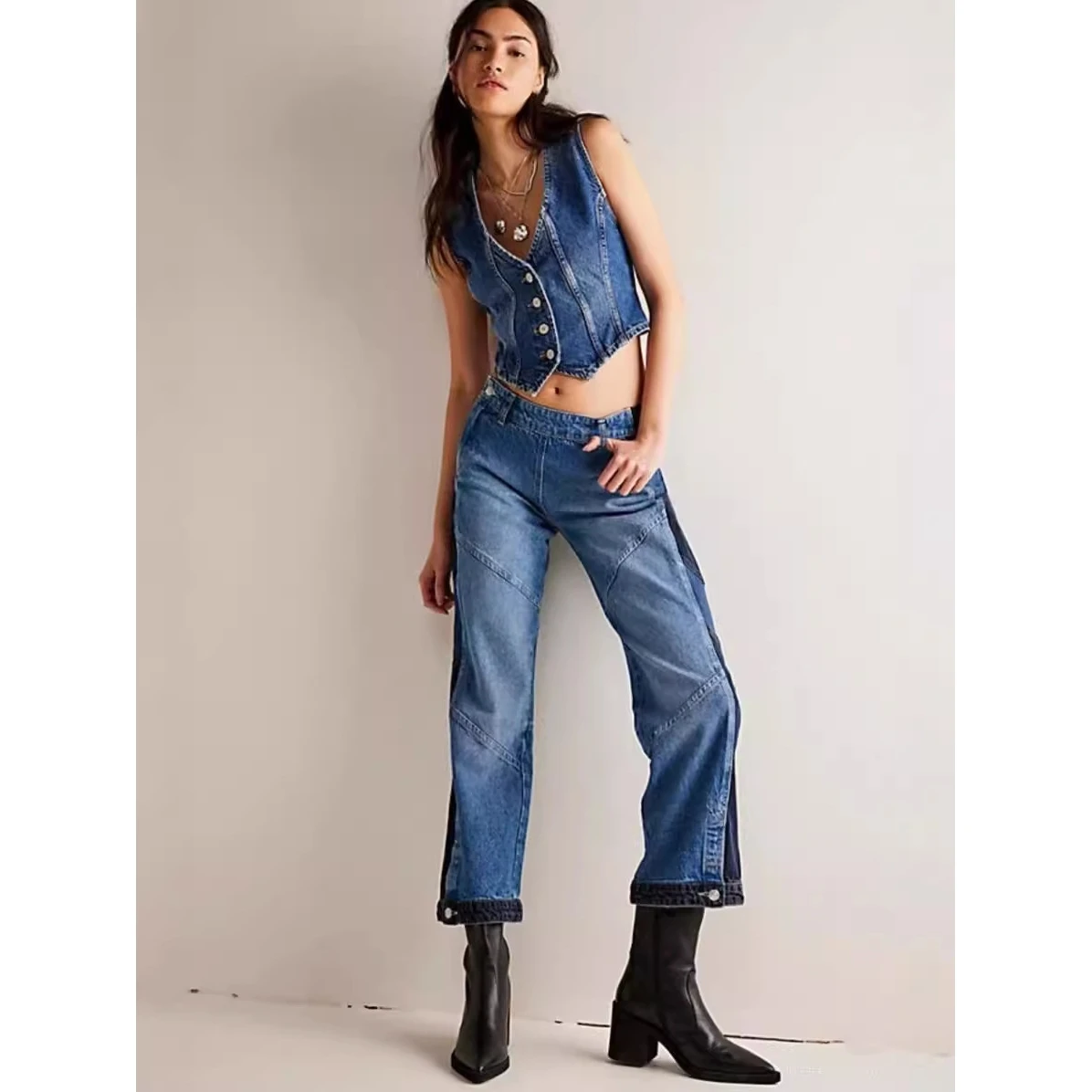 

Retro Washed Denim Vest American Style Slimming Waist High Neck Cotton Blend Summer Fashion Women's Top V694 Cross-Border