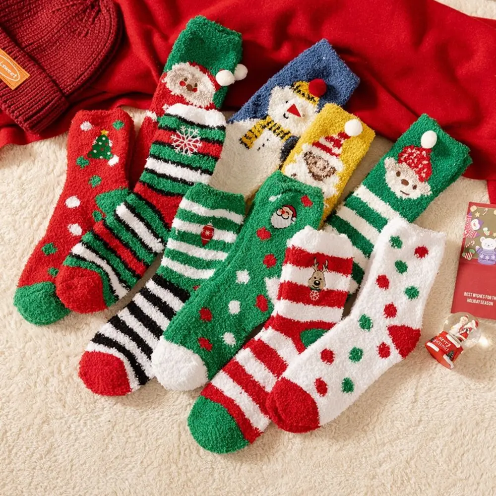 

Elk Red Green Home Socks Floor Sleep Socks Snowman Winter Women Hosiery Middle Tube Socks Coral Velvet Socks Christmas Socks