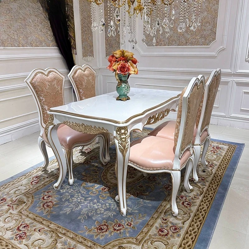 French solid wood dining table and chair combination, European-style palace luxury carved rectangular dining table for 6 people,