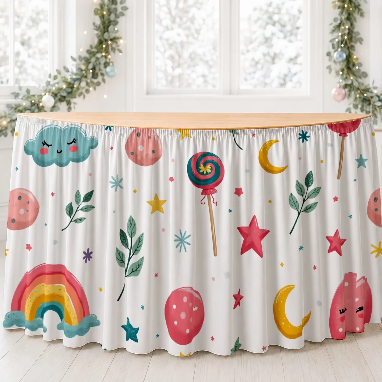 One tablecloth, candy-themed tablecloth, polyester, fun, imagination, joy, dreamy, colorful, kitchen, dining room
