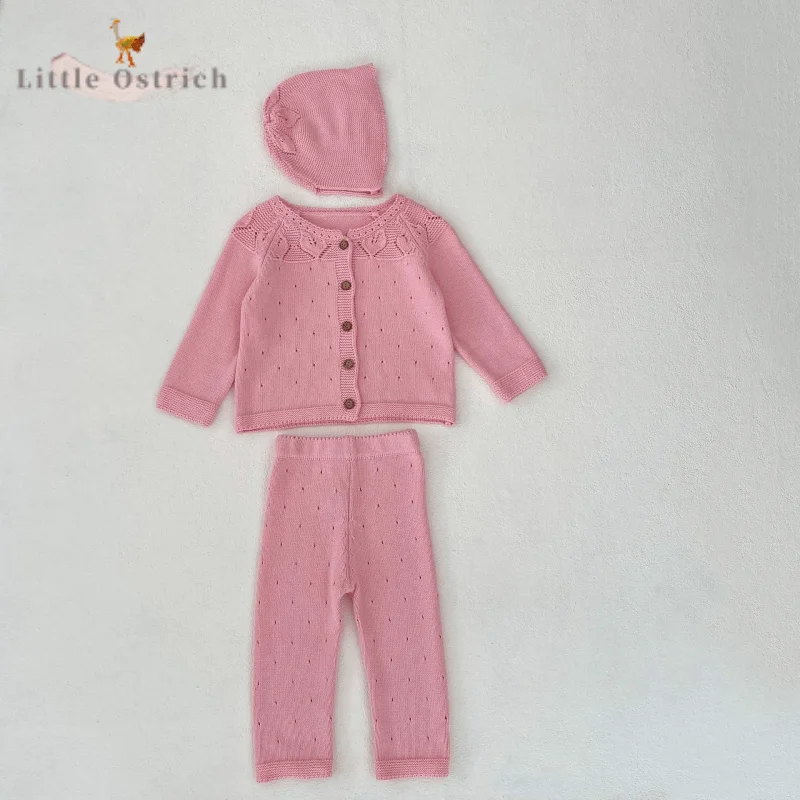 Newborn Baby Girl Cotton Pink Cardigan Cap Infant Toddler Child Knitted Solid Color Jacket Pant Hollow Out Baby Clothes 3M-2Y