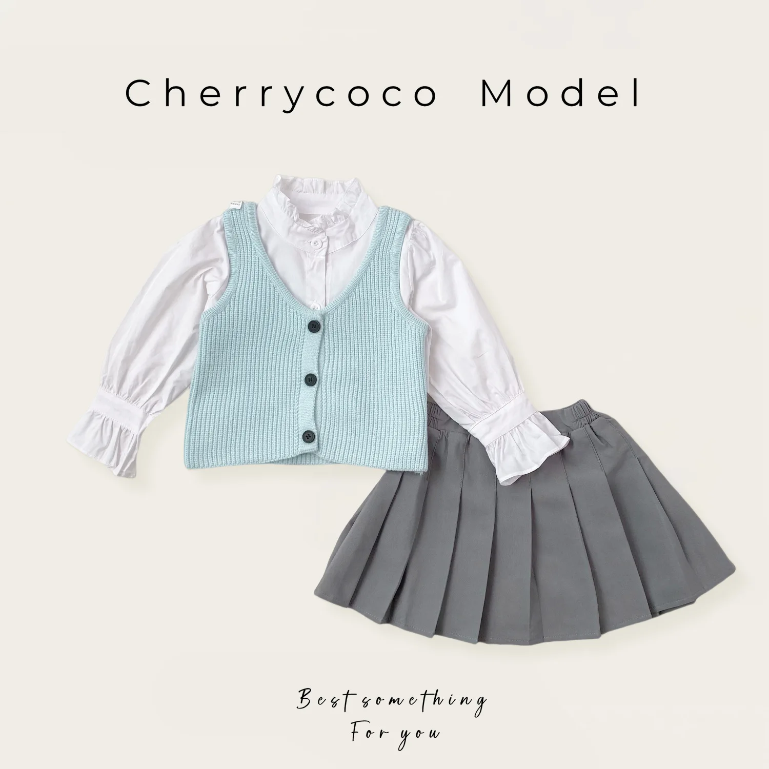 Spring and Autumn New for Girls Korean Knitted Vest Ruffled Shirt Pleated Skirt and Pants Three-Piece Set