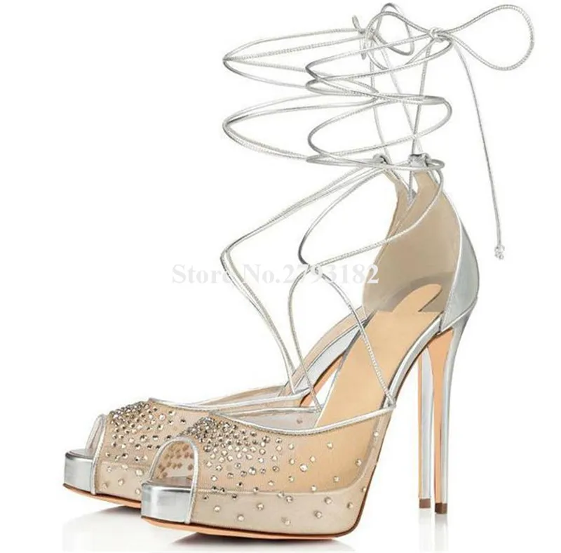 

Mesh Rhinestones Pumps Bling Bling Peep Toe Lace Crystals Platform Stiletto Heel Gold Silver Lace-up High Heels Wedding Shoes