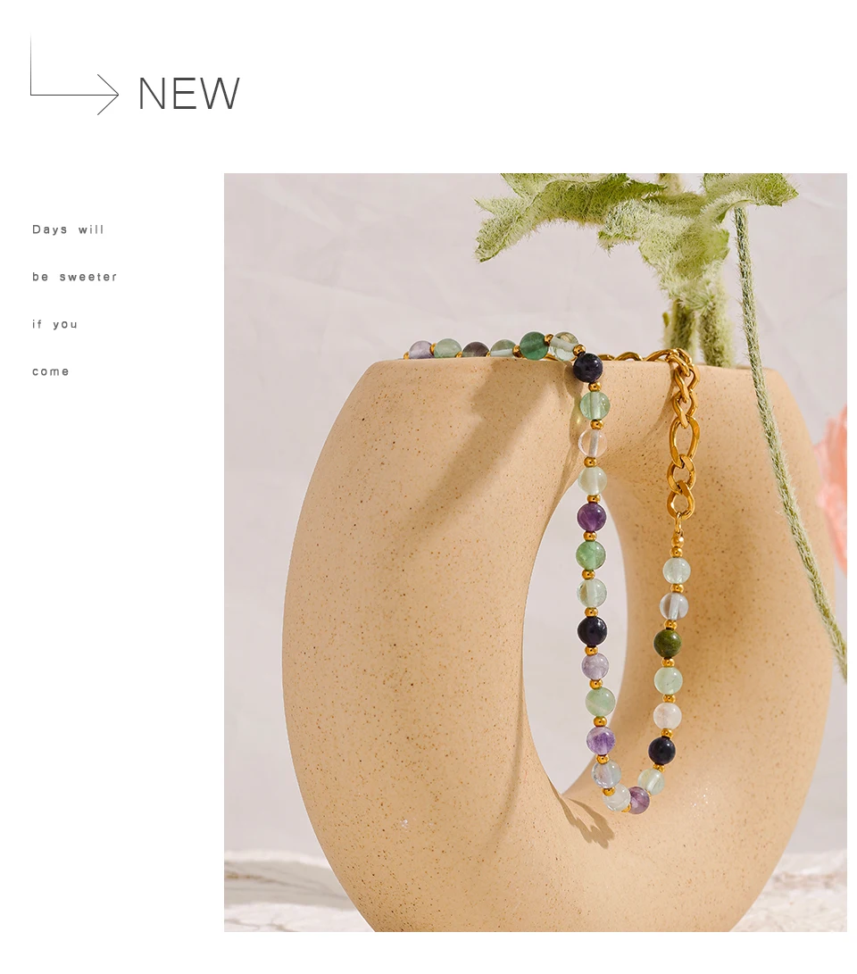Yhpup Wasserdichte, stilvolle, bunte Natursteinperlenkette, Edelstahl-Halskette für Frauen, exquisiter handgefertigter Schmuck, neu – Detail 15