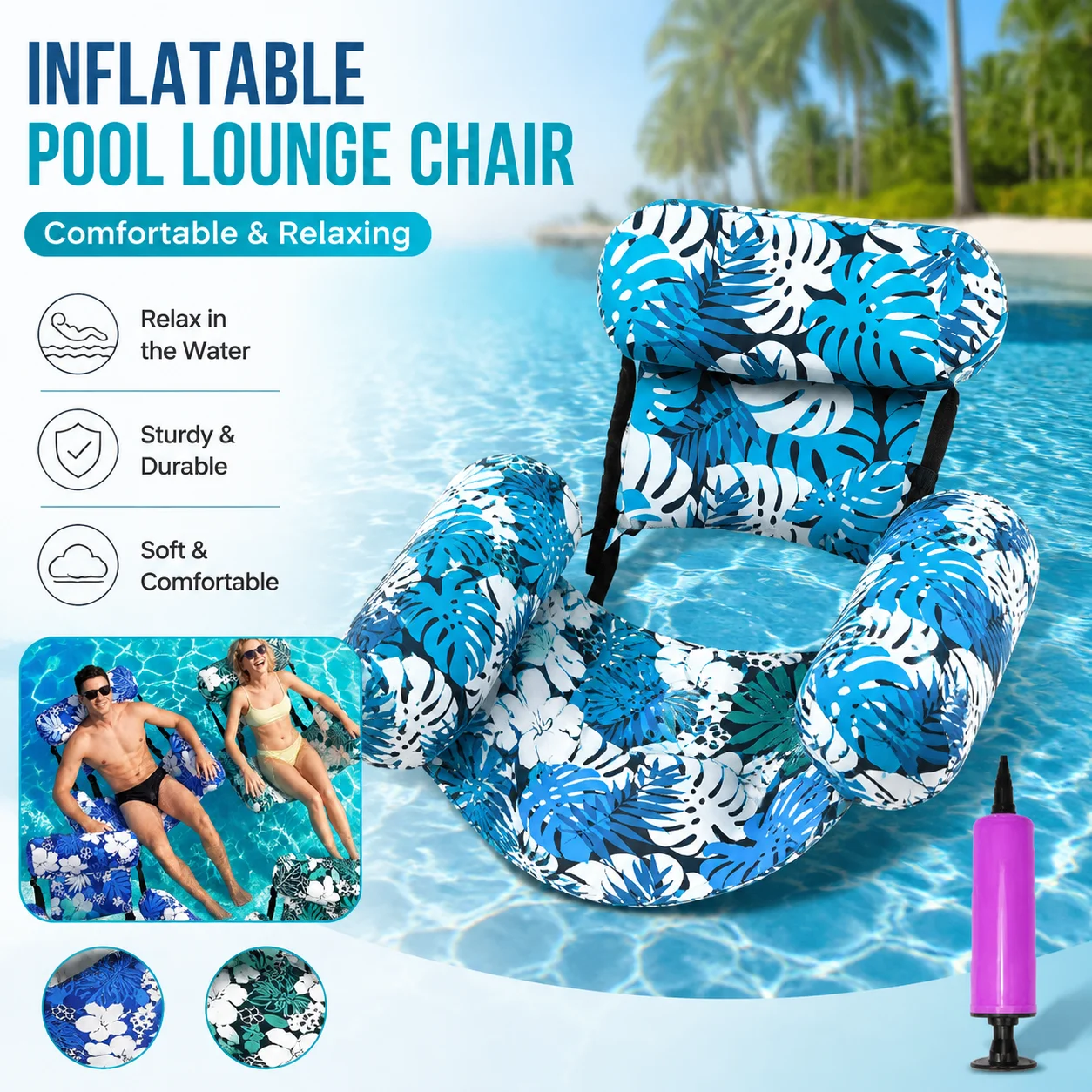 Inflatable Pool Floating Lounge Chair with Backrest Armrests Foldable Portable Water Float for Summer Pool Beach Party Relax