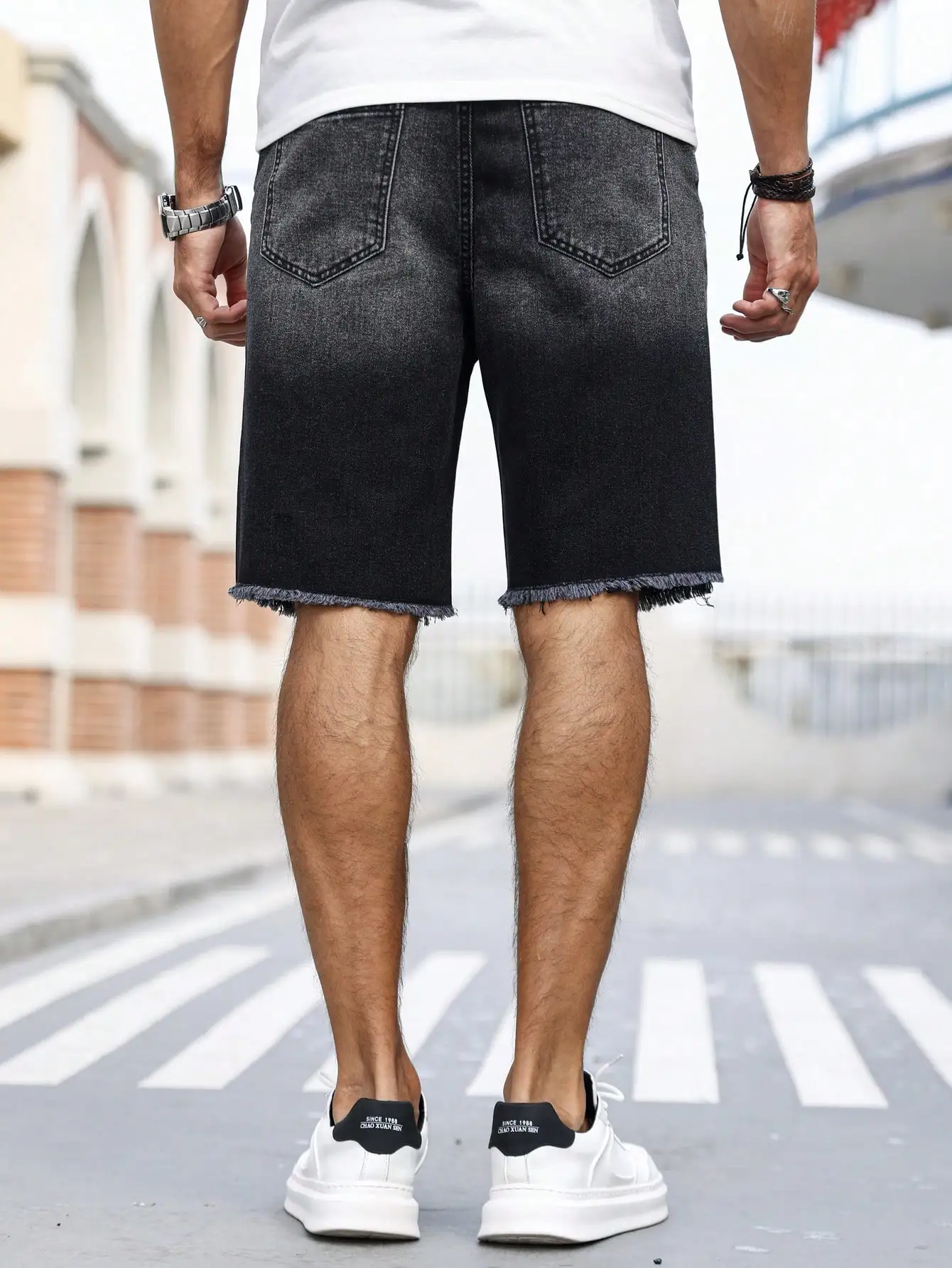 Men's Summer Denim Printed Shorts. Black - Grey Gradient Color. Ripped Details. Street-Style Trend.