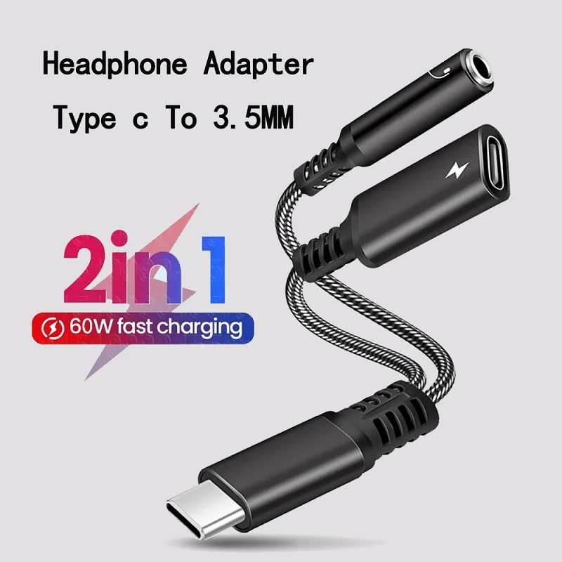 

PD 60W Fast USB Type C to 3.5mm Headphone and Charger Adapter 2-in-1 USB C to AUX Audio Jack Dongle Cable For Samsung iphone 16