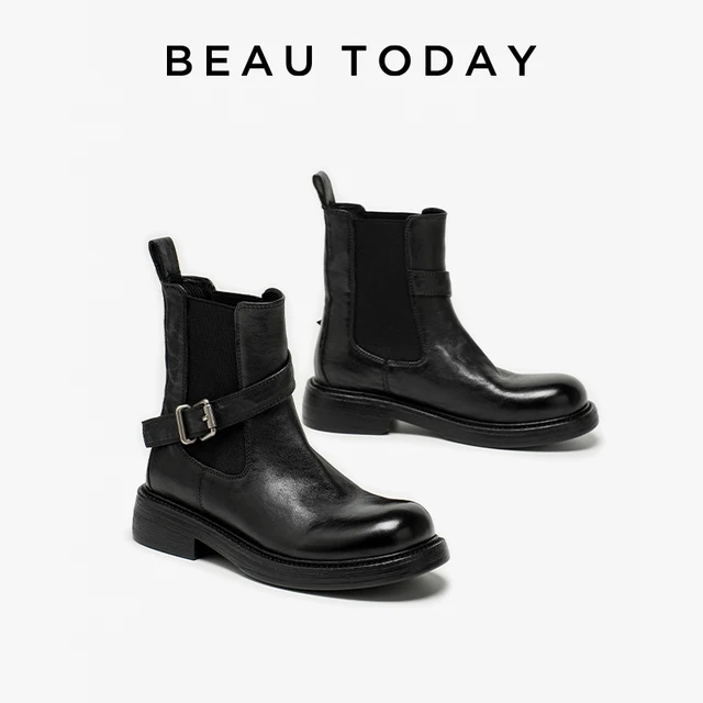 BEAUTODAY Chelsea Boots Women Genuine Cow Leather Silver Square Buckle Female Fashion Ankle Shoes 03D57