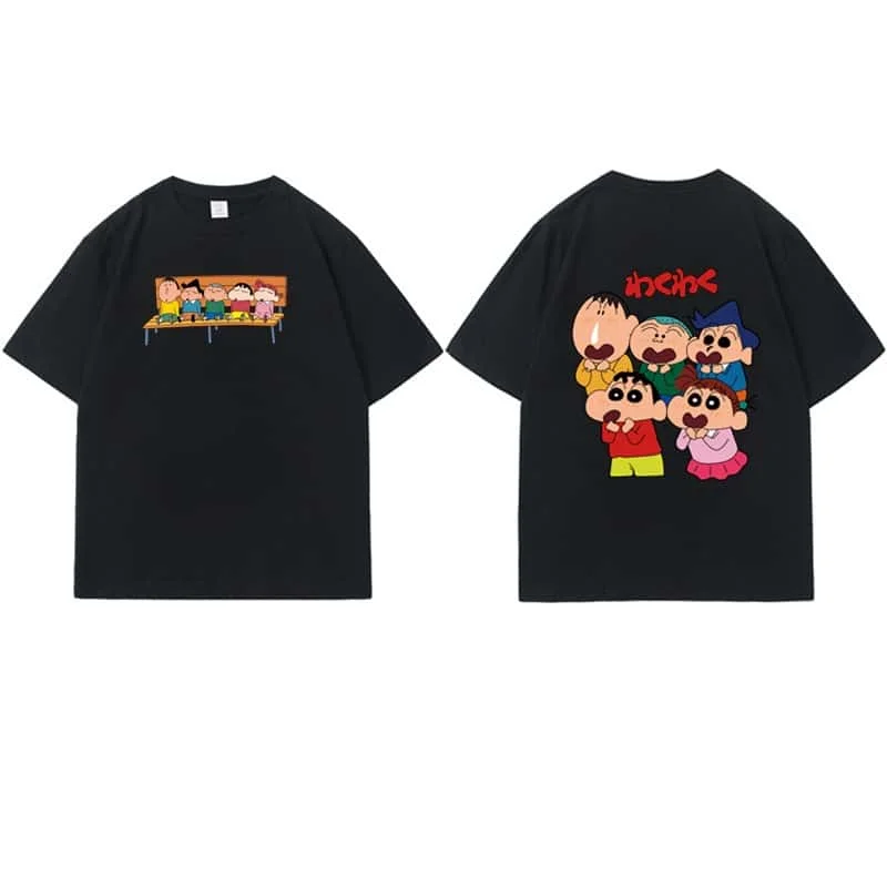 Crayon Shin Chan Kasukabe Defense Force Double Sided Print T Shirt Men Women Oversized Cute Cartoon Short Sleeve Casual Tee