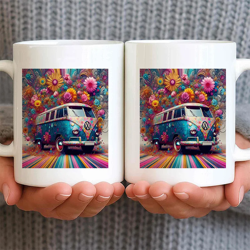 Flower Power Hippie Bus Colorful Print Ceramic Coffee Mug 11oz 350ml Personalized Custom Cute Aesthetic Mug Microwave Safe Birth